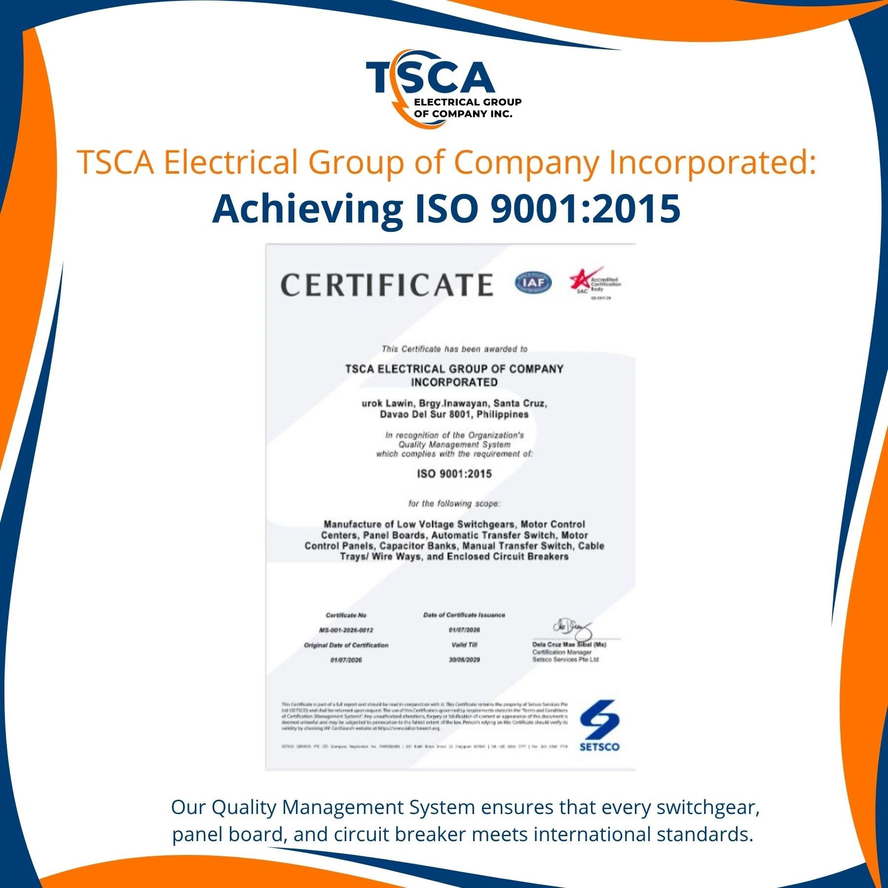 TSCA Electrical Group Achieves ISO 9001:2015 Certification: A Milestone in Quality Excellence